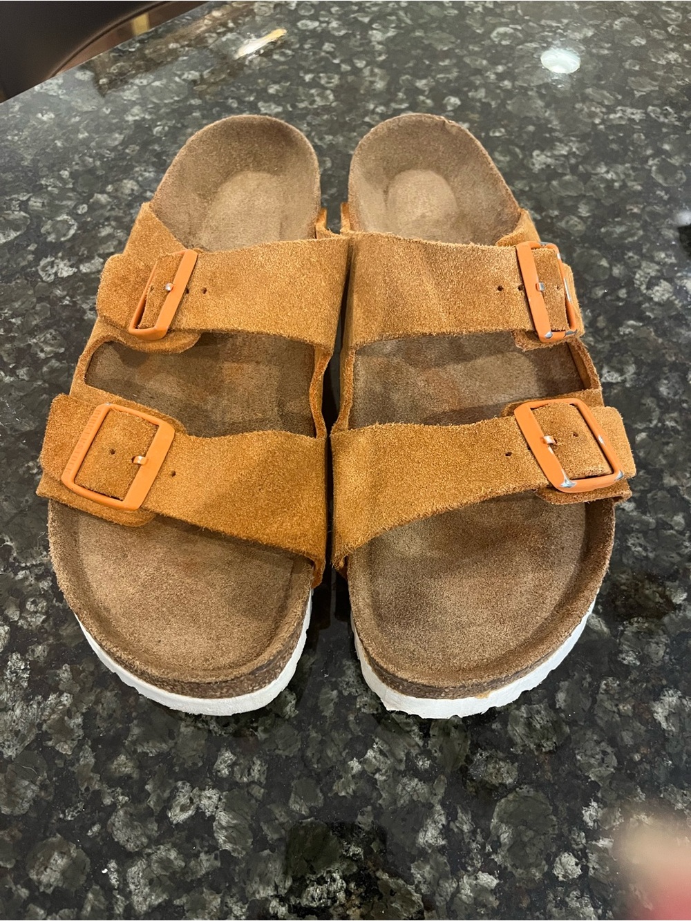 Birkenstocks Double-Buckle Suede Sandals - Tan/Orange Buckles Size 42